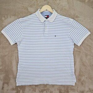 Tommy Hilfiger Golf Polo Shirt Mens Sz L Blue and White Striped Short Sleeve Y2K